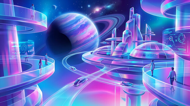 Futuristic digital architecture city with advanced transportation systems and planets in the background, vibrant neon lights