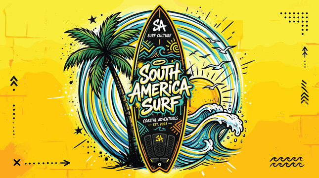 Vintage South America Surf emblem with surfboard and palm tree, retro coastal adventure illustration, tropical beach surfing vector art