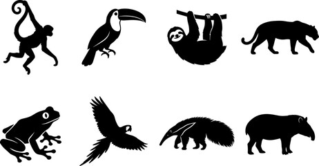 Obraz premium Silhouette collection of tropical rainforest animals including monkey, toucan, sloth, jaguar, frog, parrot, anteater, and capybara
