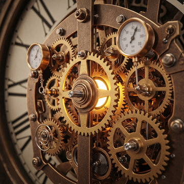 intricate steampunk clock mechanism with brass gears and glowing internal core in front of a vintage clock face