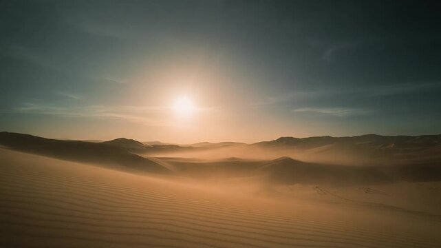 Desert basin timelapse dust drifts gently sunlight intensifies gradually across barren plains