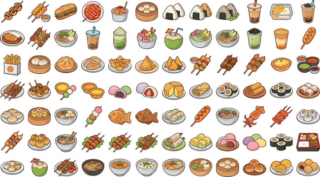 Vector Asian street food icon collection bundle featuring traditional oriental dishes, Japanese sushi, Chinese dim sum, skewers, and sweet boba tea menu elements.