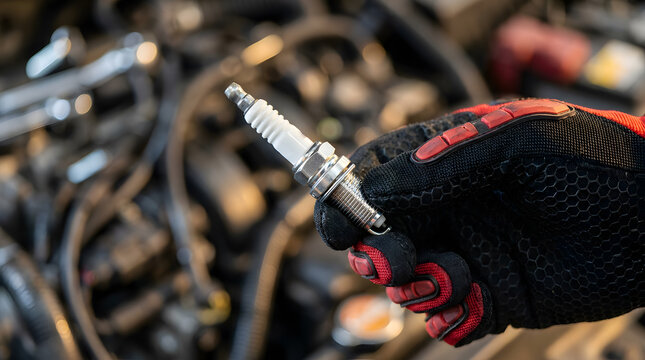 Mechanic hand holding new spark plug | Car engine ignition system maintenance | Professional auto repair service shop | Automotive tune up parts replacement