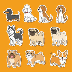 Fototapeta premium cartoon dogs vector illustration of diverse dog breeds cute puppies and popular pets on a bright background.