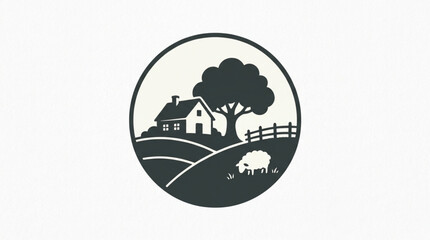 Fototapeta premium Circular Farmhouse Icon with Oak Tree Fence and Grazing Sheep