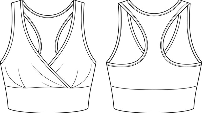 Fashion technical sketch of women wrap sports bra with racerback design showing detailed front and back views