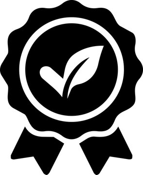 Eco friendly product quality seal icon with leaf check mark symbol in a solid black flat style