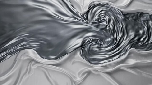 Swirling Silver Metallic Fluid Flowing Smoothly Over White Silk Fabric