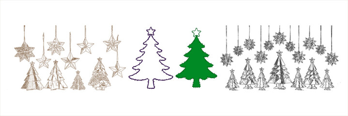 Obraz premium Hand drawn christmas tree and hanging star ornaments set, holiday doodles