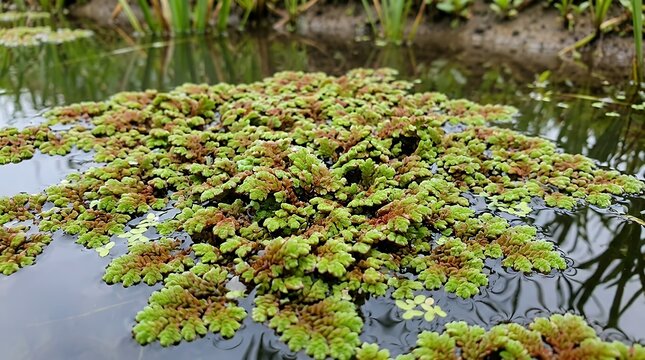 Azolla is a small floating aquatic fern. background  Aquatic fern floating plant azolla water surface green foliage pond lake wetland nature botanical freshwater ecosystem aquatic