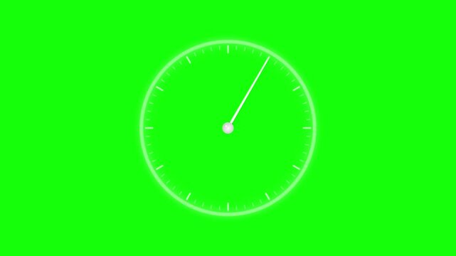 Animated White Glowing Analog Clock Face with Single Rotating Hand Spinning Quickly Against a Bright Green Screen Background for Chroma Key Compositing and Time-Lapse Visual Concepts