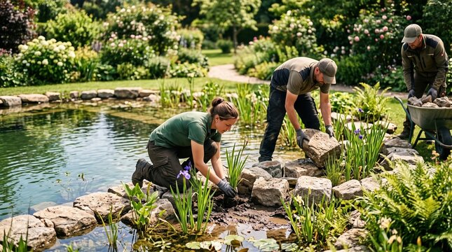 Hardworking team cares for a natural garden pond