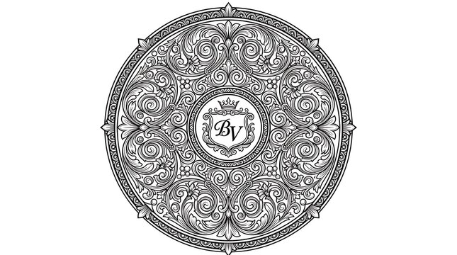 Ornate Circular Emblem: An intricate, black and white circular emblem showcases elaborate scrollwork and a central crest, exuding classic elegance and sophistication.