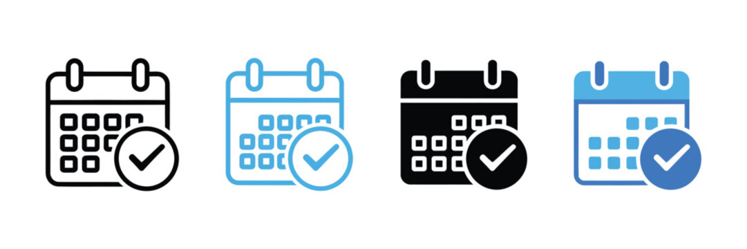 Calendar icon with check mark symbol for schedule confirmation, appointment planning, task management and event organization