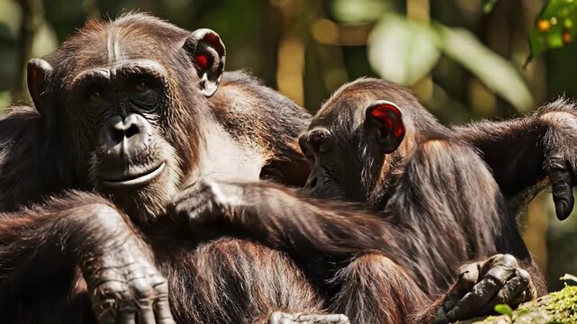 Two Chimpanzees Grooming Each Other in Dappled Forest Light