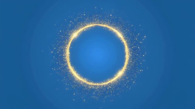 Golden Ring evolving with sparkling particles during abstract celebration on blue background with subtle motion