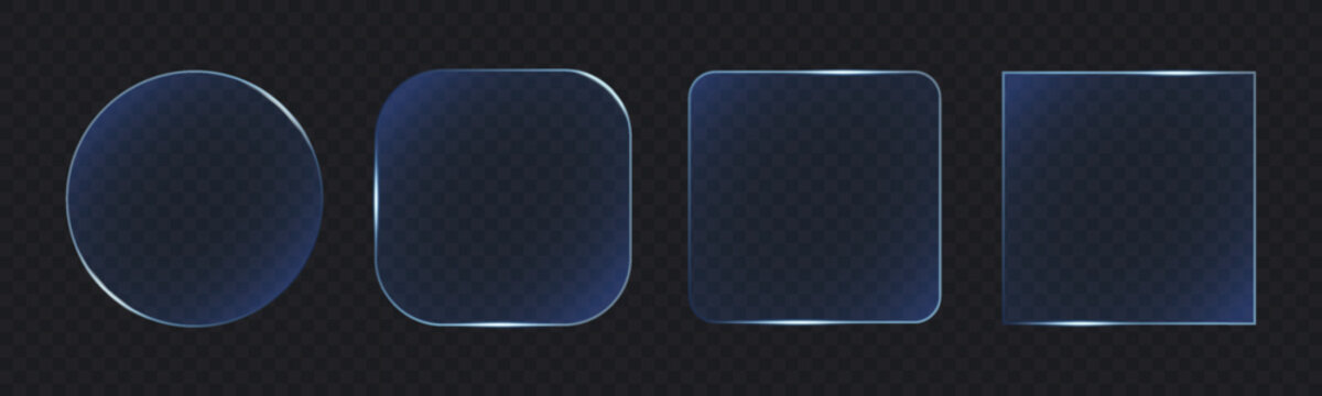 Blue glass plate frames with glowing borders, 3D glass buttons, different glass showcase shapes with bright neon light edges, glass panels with luminous glares and reflective light