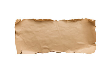 Fototapeta premium Old torn brown paper scroll with wrinkled and burnt edges, creating a vintage blank texture, ready for text or message, transparent background