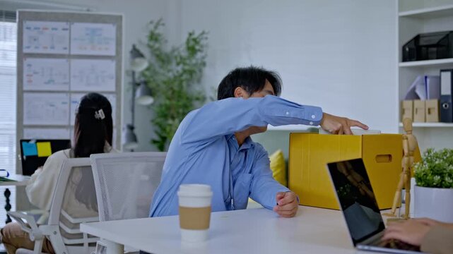 Asian businessman packing into cardboard box due to job layoff,worker replaced by AI automation,career retirement,ai disruption and modern technology,Digital Disruption,Document Management Data System