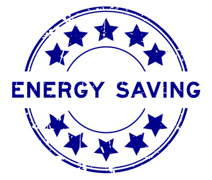Grunge blue energy saving word with star icon round rubber seal stamp on white background