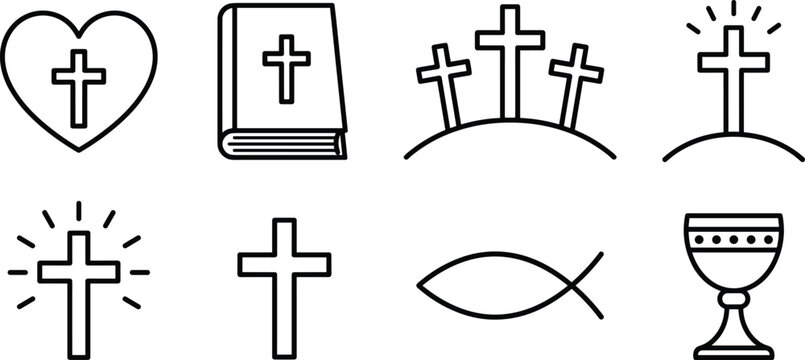Christian icon set featuring minimalist black outline religious symbols including crosses holy bible chalice and ichthys fish on white background