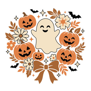 Festive halloween shirt design with ghost pumpkins and floral wreath spooky autumn apparel graphic