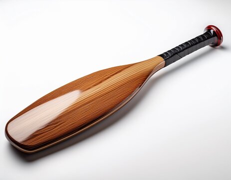 smooth varnished wooden sports bat with textured grip against white background