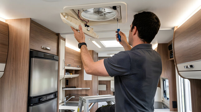Professional technician repairing RV roof vent | Motorhome interior maintenance and repair service | Camper van roof fan installation process | RV ceiling ventilation system troubleshooting