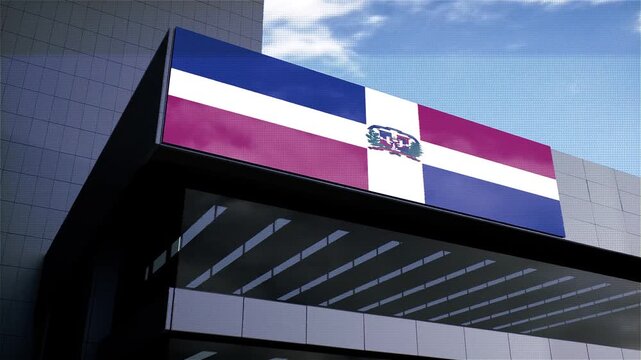 Dominican Republic Flag on Building with Sky in Background