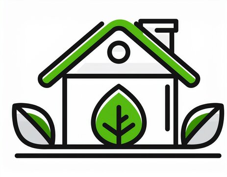 white house outline with green roof and leaf inside