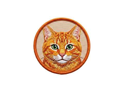 Orange tabby cat embroidered patch. Round fabric badge with cute kitten portrait.