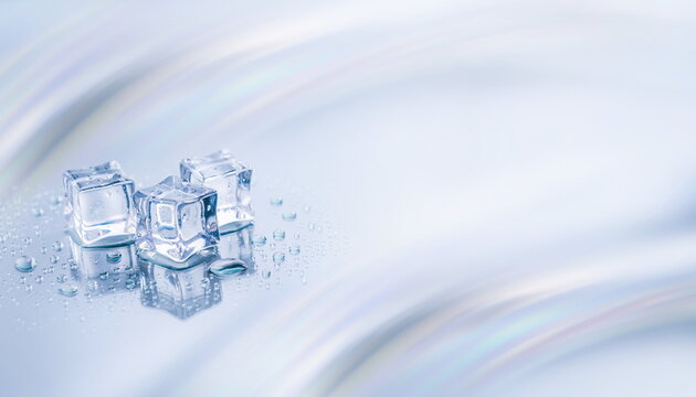 Group of frozen ice cubes on smooth silver wave abstract background 滑らかなシルクのような輝きを持つシルバーのウェーブ背景と水滴に濡れた氷のキューブ