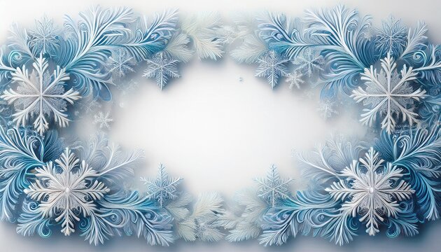 intricate frosty snowflake border design with a central empty space for text or images isolated on white background