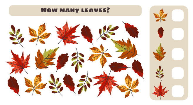 Math counting game for children in preschool with fall autumn leaves