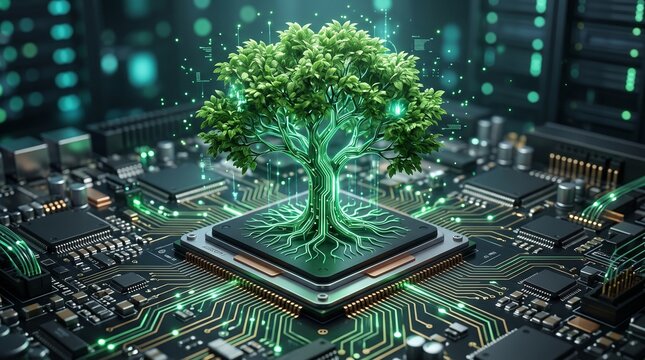 Sustainable technology concept with glowing green tree growing from circuit board, eco-friendly digital infrastructure, green computing and AI hardware isolated PNG with Transparent Background