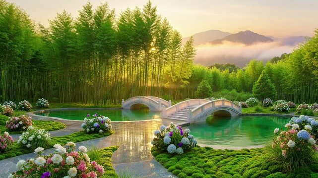 A Peaceful Zen Garden Featuring a Stone Bridge Over a Serene Pond Surrounded by Bamboo and Flowers