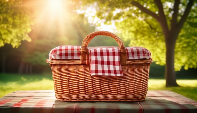 woven picnic basket with red gingham lining sunlight streaming through