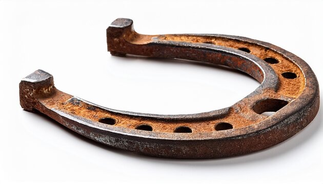 aged rusty horseshoe with nail holes isolated on a white background