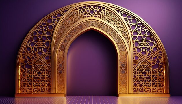 golden islamic arch with intricate geometric patterns on elegant purple background