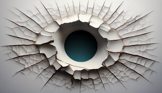 a small round hole pierces a smooth white surface cracked edges radiate outward from the hole s perimeter
