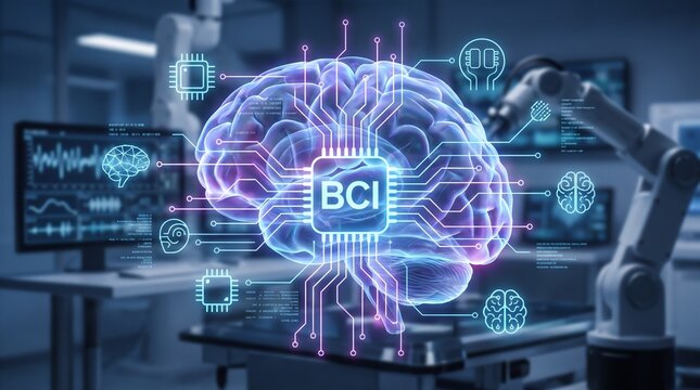 Futuristic digital brain computer interface BCI chip connected to neural network in medical laboratory