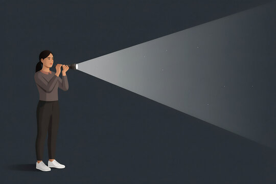 Woman Holding Flashlight Shining Light Through Darkness Illustration