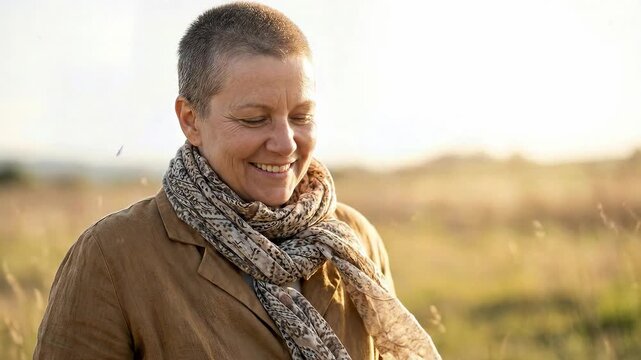 Woman showing hope, strength, resilience after enduring cancer treatment, completing chemotherapy therapy, smiling serenely during recovery outdoors in warm golden sunlight at sunset