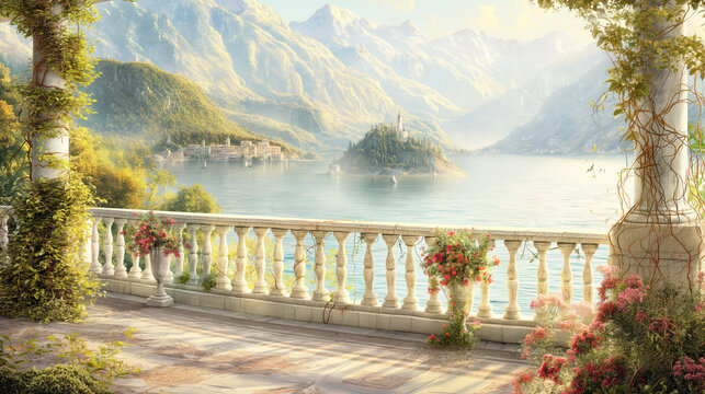 Classic Lakeside Terrace with Flowers and Majestic Mountain View