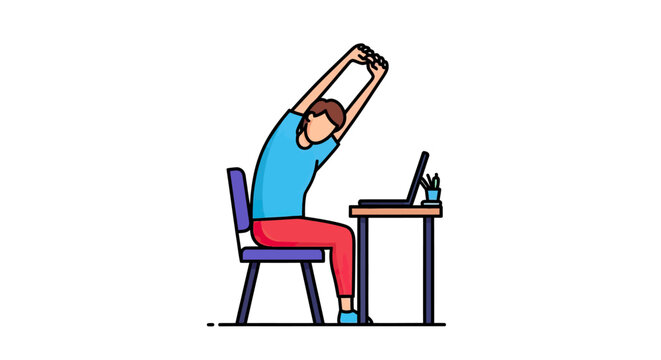 Man stretching arms while sitting at laptop desk.