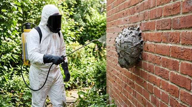 Professional pest control spraying wasp nest on brick wall | Exterminator in protective suit removing hornet nest | Pest management service for stinging insect removal | Wasp nest treatment