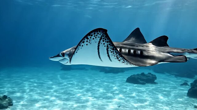 Manta ray gliding through clear blue ocean water over coral reef