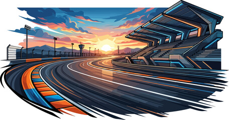 Futuristic Racing Circuit at Sunset with Modern Grandstand © Shaima