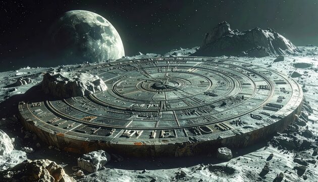 Futuristic circular alien structure on the lunar surface.