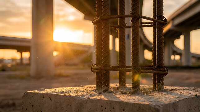 structural steel rebar cage installation | concrete bridge foundation construction site | industrial infrastructure development at sunset | reinforcing iron bars in concrete plinth